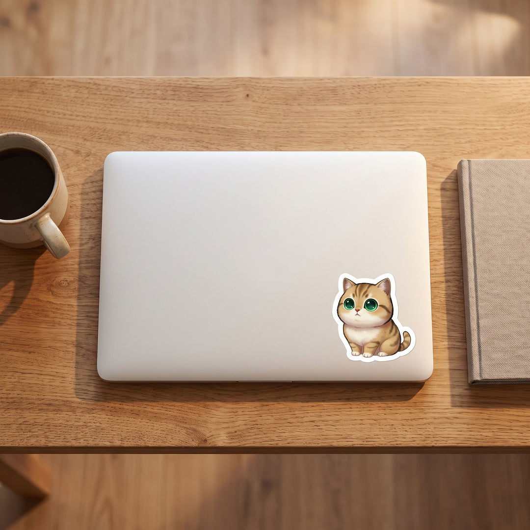 British Shorthair Golden Tabby kawaii vinyl sticker on a laptop lid – Designs by Mysh