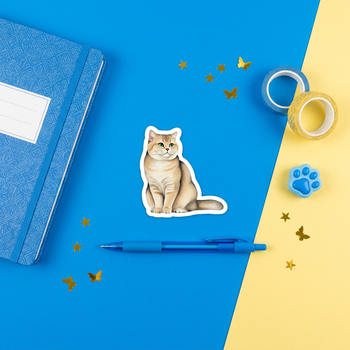British Shorthair Golden Tabby Watercolor Sticker brand flat lay - Designs by Mysh