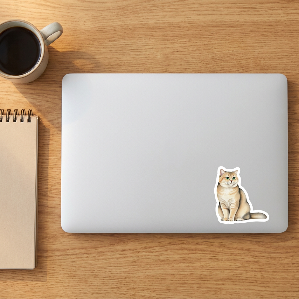 British Shorthair Golden Tabby Watercolor Sticker on a laptop - Designs by Mysh