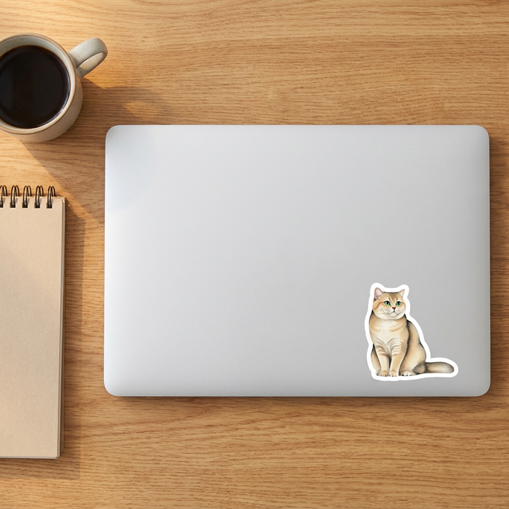 British Shorthair Golden Tabby Watercolor Sticker on a laptop - Designs by Mysh