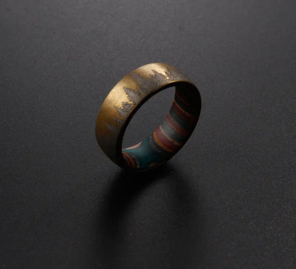 Bronze Etched Tree Line with Striped Wood Sleeve Tungsten Ring Designs by Mysh