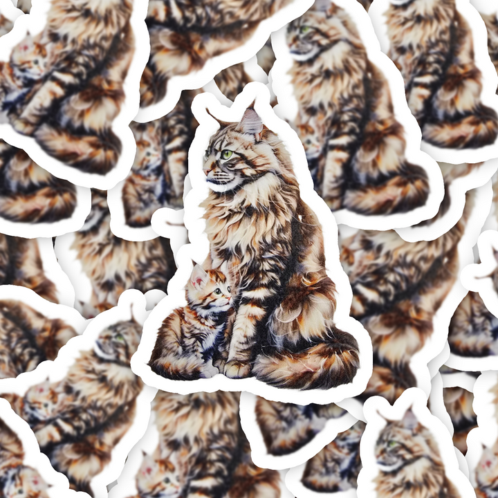 Brown Maine Coon Cat Sticker, Fluffy Mama & Kitten Vinyl Decal, Cat Mom Gift, Laptop or Water Bottle Decor - Designs by Mysh