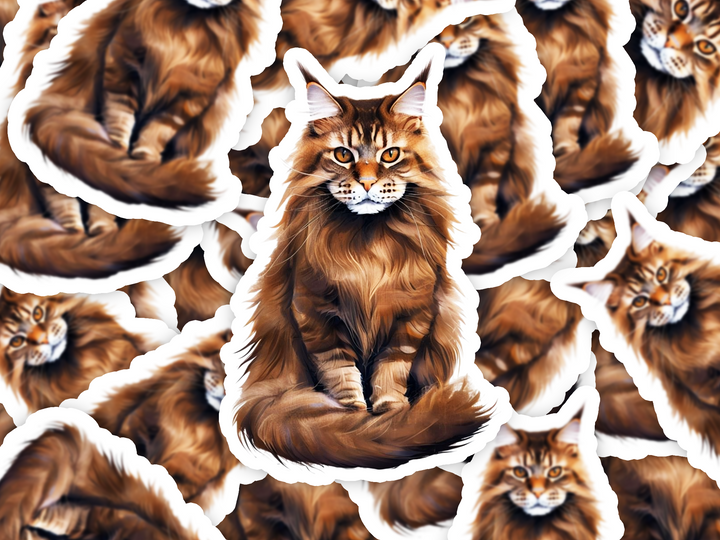 Brown Maine Coon Cat Sticker, Longhaired Cat Decal, Water-resistant Vinyl Sticker, Cat Lover Gift, Realistic Pet Art for Laptop or Bottle - Designs by Mysh