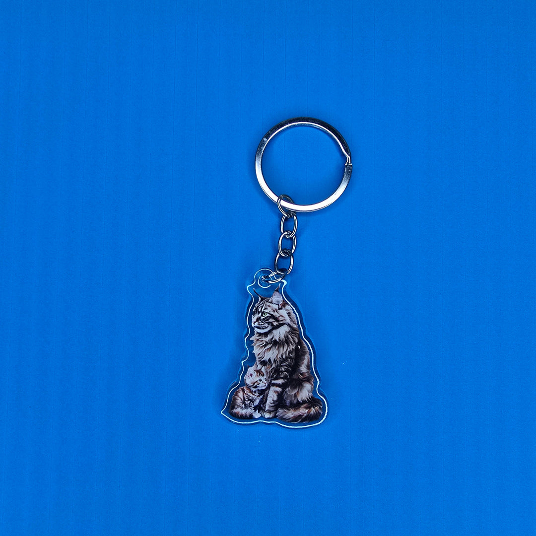 Brown Maine Coon Cat and Kitten Keychain, Fluffy Cat Mom Charm, Acrylic Pet Gift, Cat Lover Key Ring - Designs by Mysh