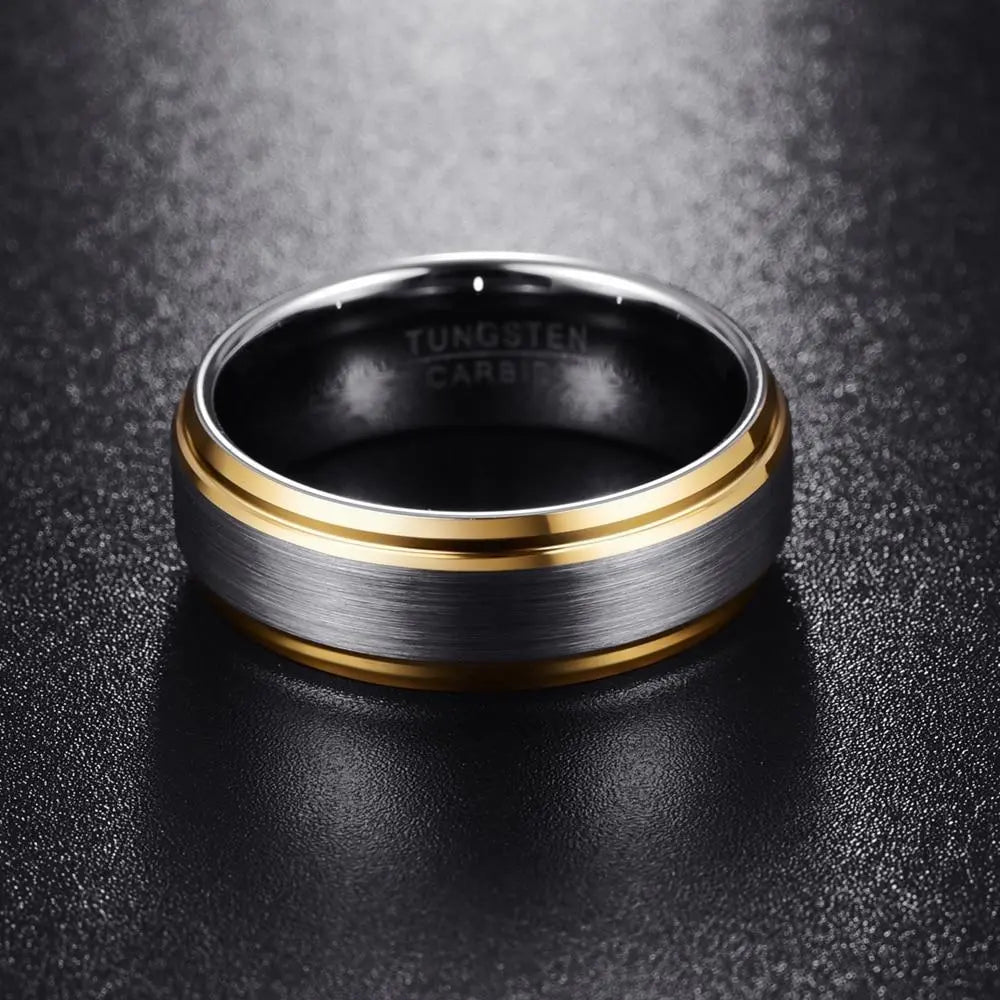 Brushed Silver with Gold Edge Tungsten Ring Designs by Mysh