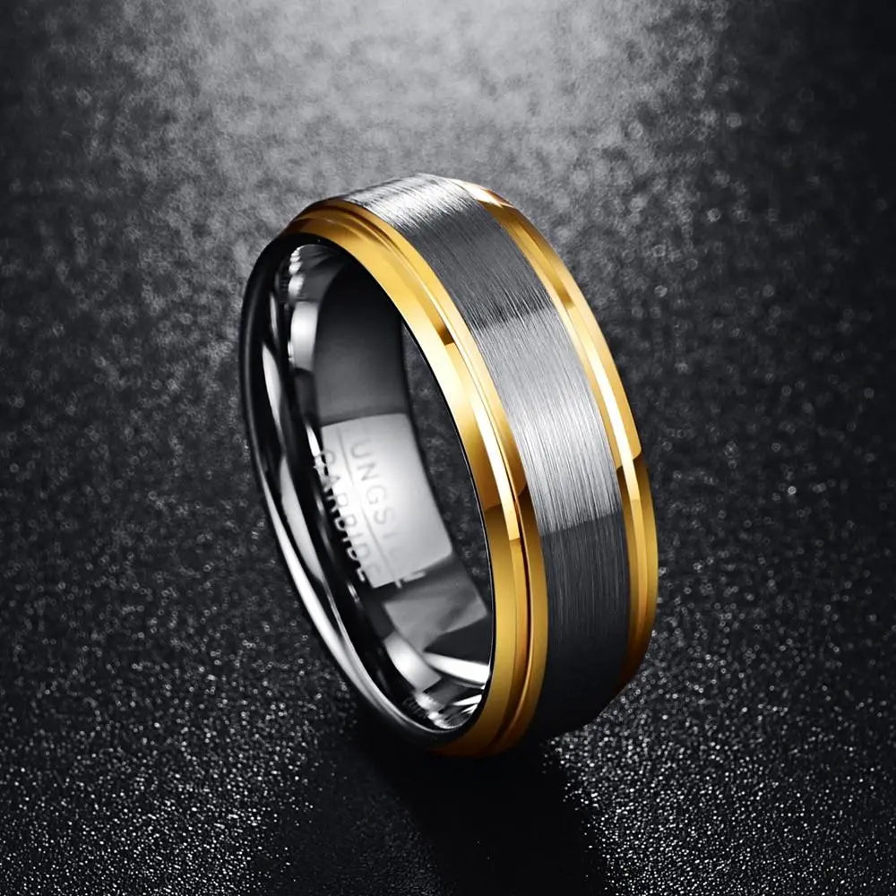 Brushed Silver with Gold Edge Tungsten Ring Designs by Mysh