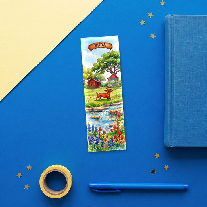 Buda Texas 2x6 inch bookmark flat lay with blue book and stationery - Designs by Mysh
