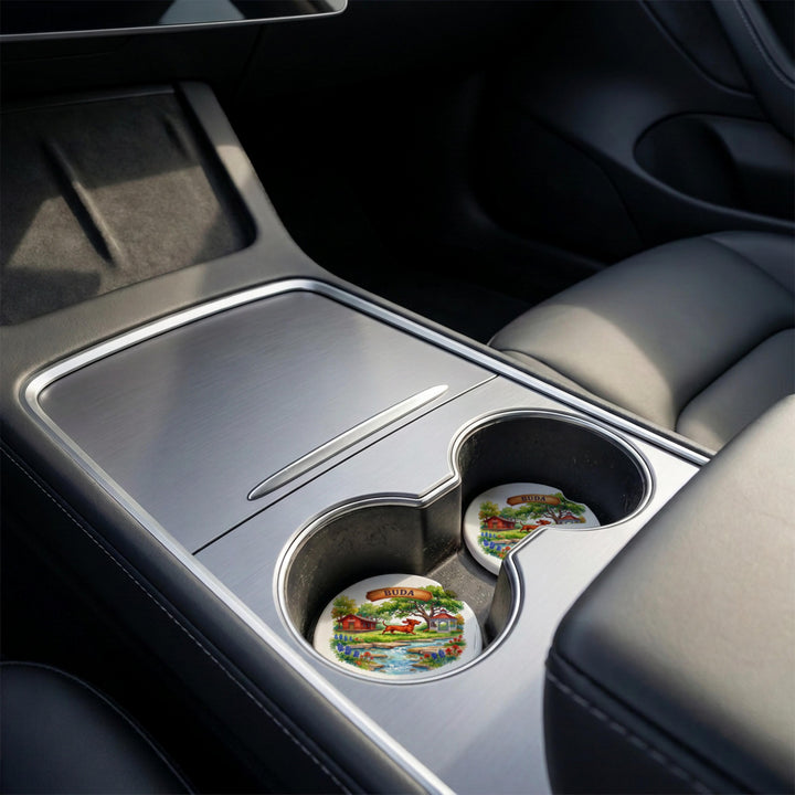 Buda, Texas car coaster in a vehicle center console cupholder – Designs by Mysh