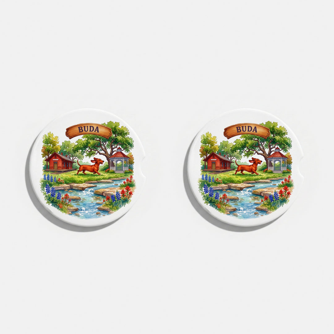 Set of two round ceramic car coasters with a watercolor Buda, Texas design with bluebonnets – Designs by Mysh