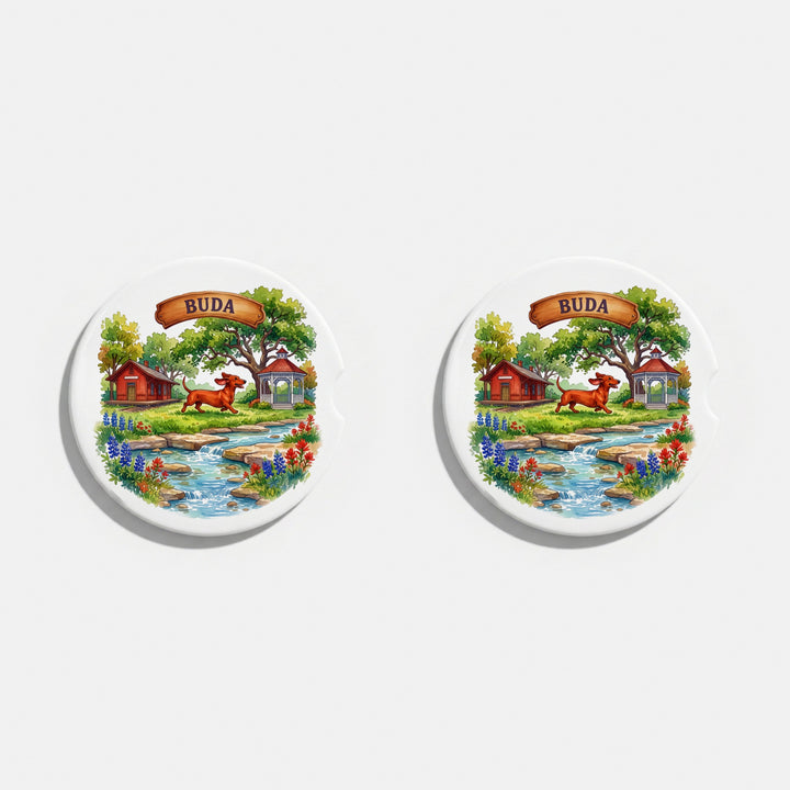 Set of two round ceramic car coasters with a watercolor Buda, Texas design with bluebonnets – Designs by Mysh