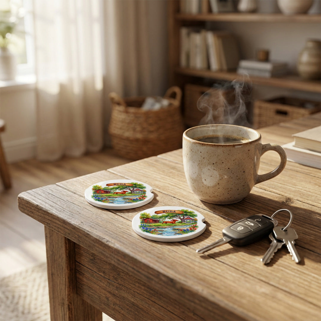 Buda, Texas car coasters styled on a wooden side table beside a coffee mug and keys – Designs by Mysh