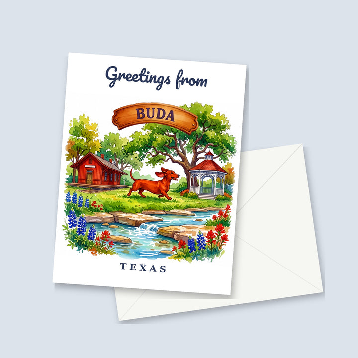 Greetings from Buda Texas watercolor greeting card with a racing wiener dog and bluebonnets, shown with a white envelope