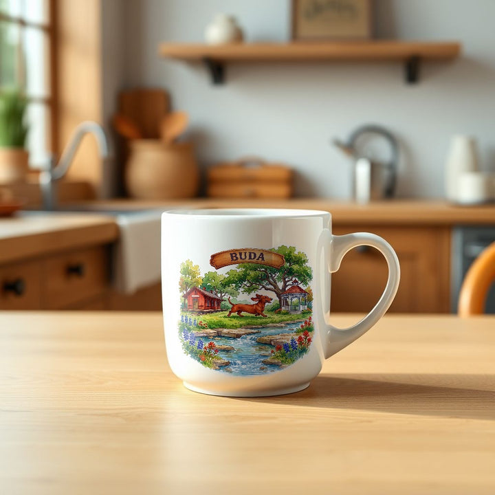 Buda Texas watercolor mug on a kitchen table - Designs by Mysh