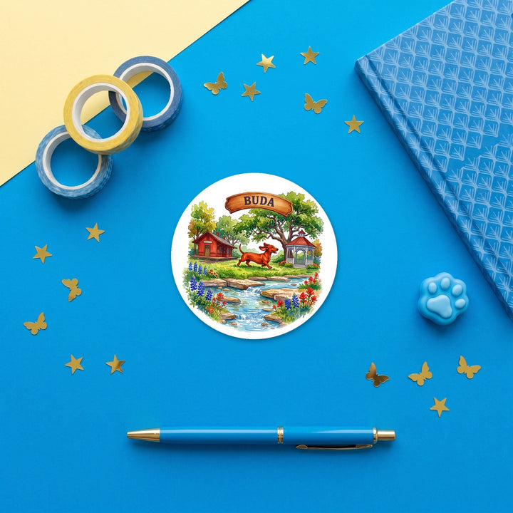 Buda, Texas 3 inch sticker flat lay with blue and yellow stationery – Designs by Mysh
