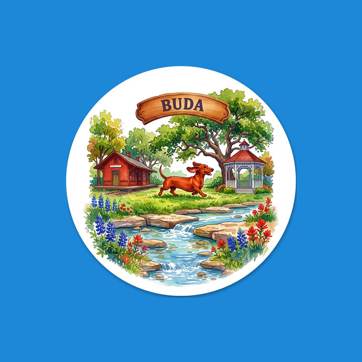 Buda, Texas watercolor 3 inch round vinyl sticker with bluebonnets – Designs by Mysh