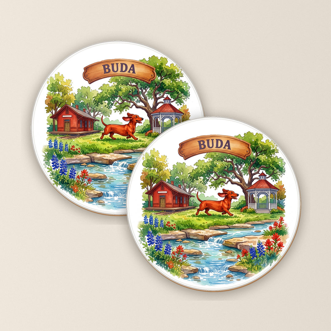 Set of two Buda, Texas watercolor round coasters – Designs by Mysh