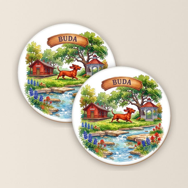 Set of two Buda, Texas watercolor round coasters – Designs by Mysh