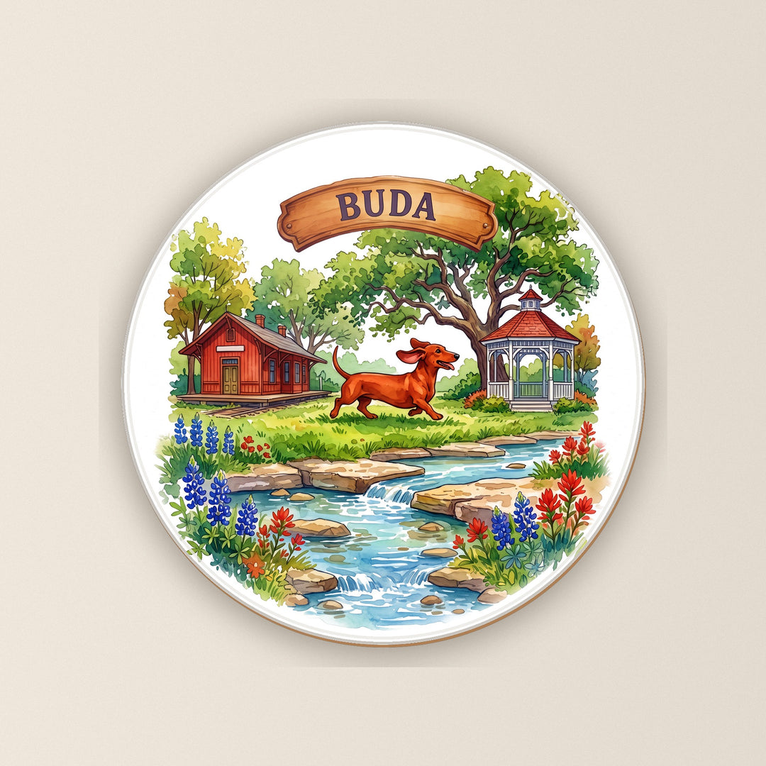 Buda, Texas watercolor round ceramic coaster – Designs by Mysh