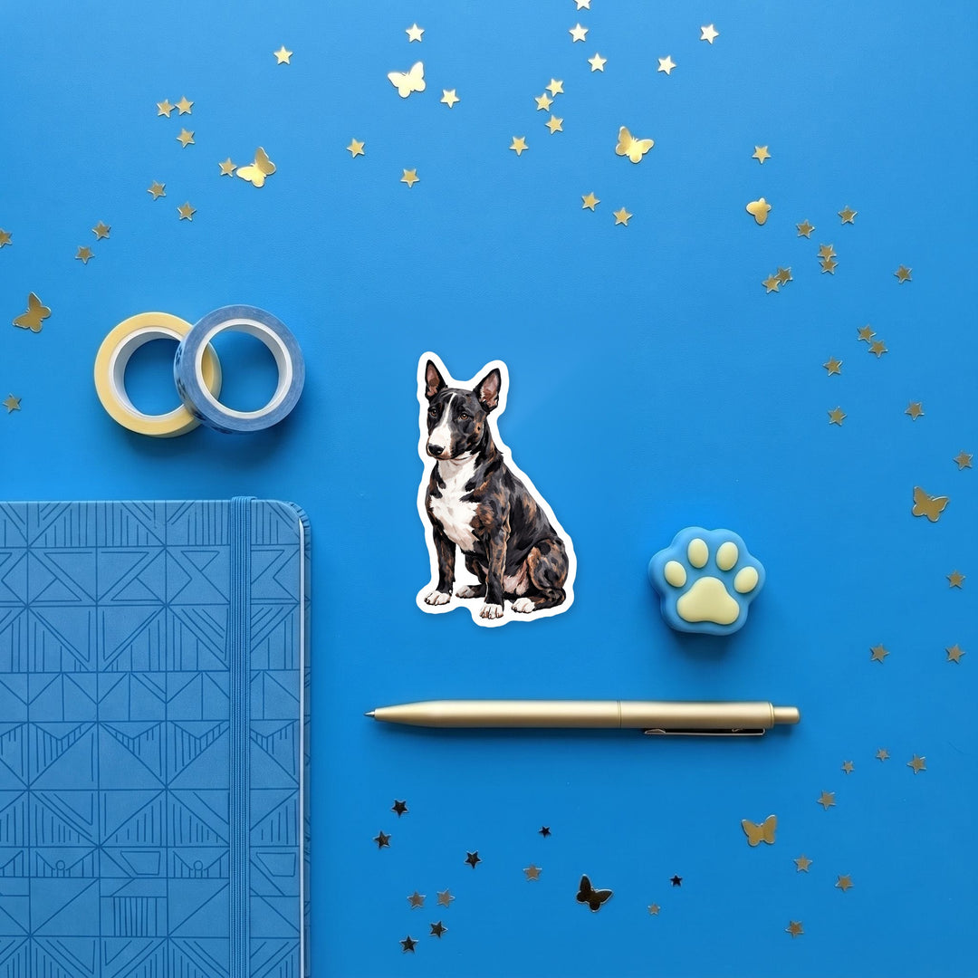 Bull Terrier Black Brindle magnet flat lay with stationery