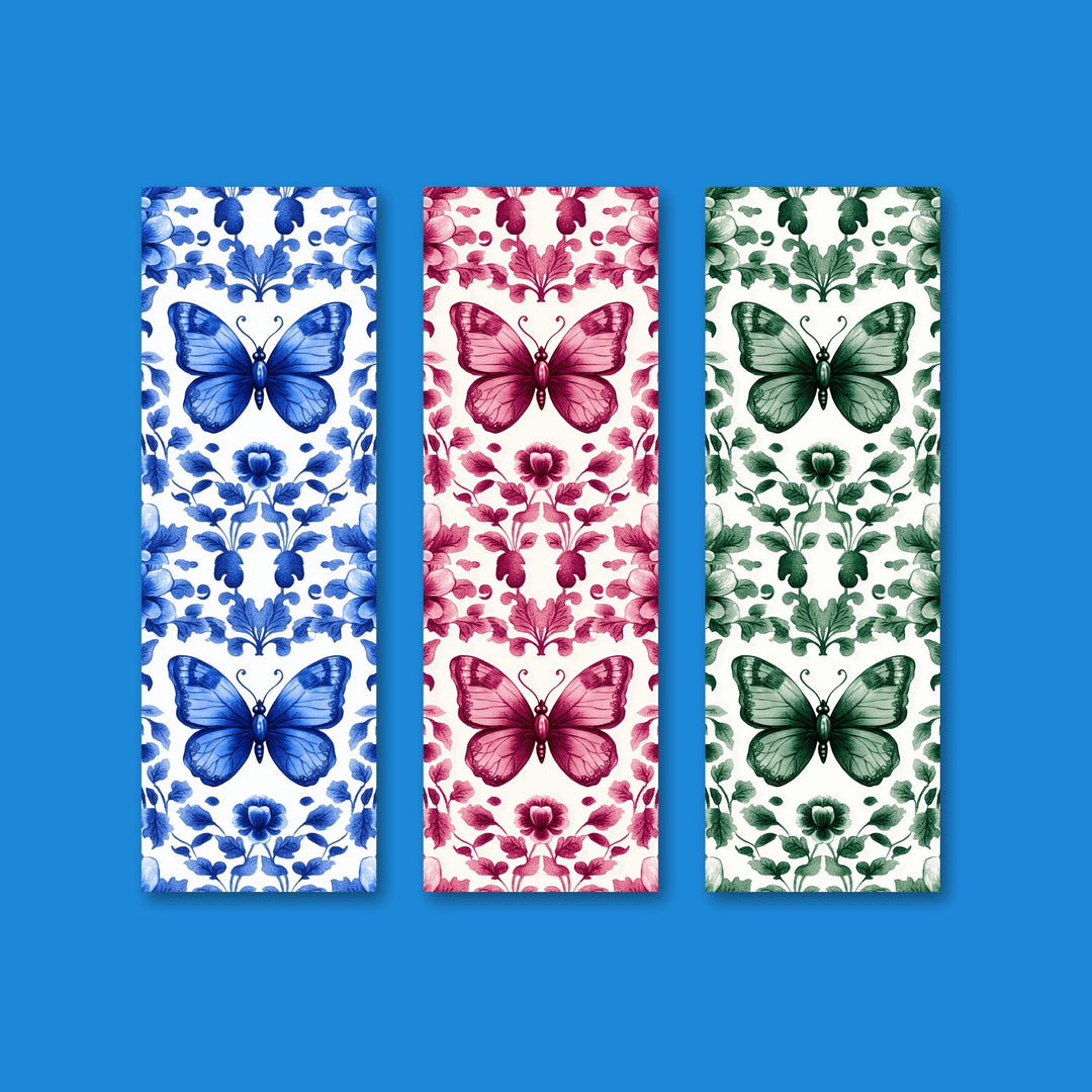 Butterfly chinoiserie bookmark set of 3 in blue, pink and green - 2x6 bookmarks by Designs by Mysh