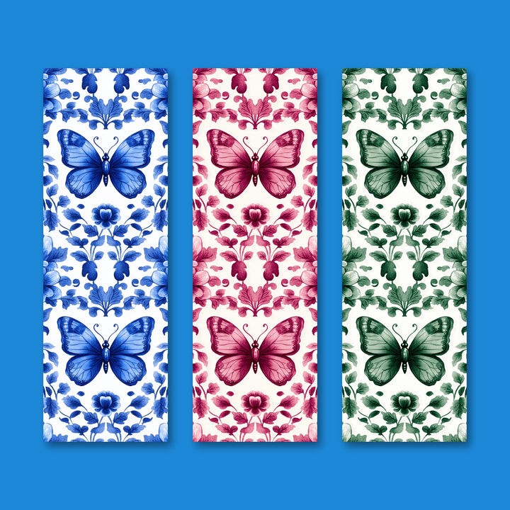 Butterfly chinoiserie bookmark set of 3 in blue, pink and green - 2x6 bookmarks by Designs by Mysh
