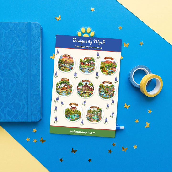 Central Texas Towns sticker sheet flat lay with blue and yellow stationery – Designs by Mysh