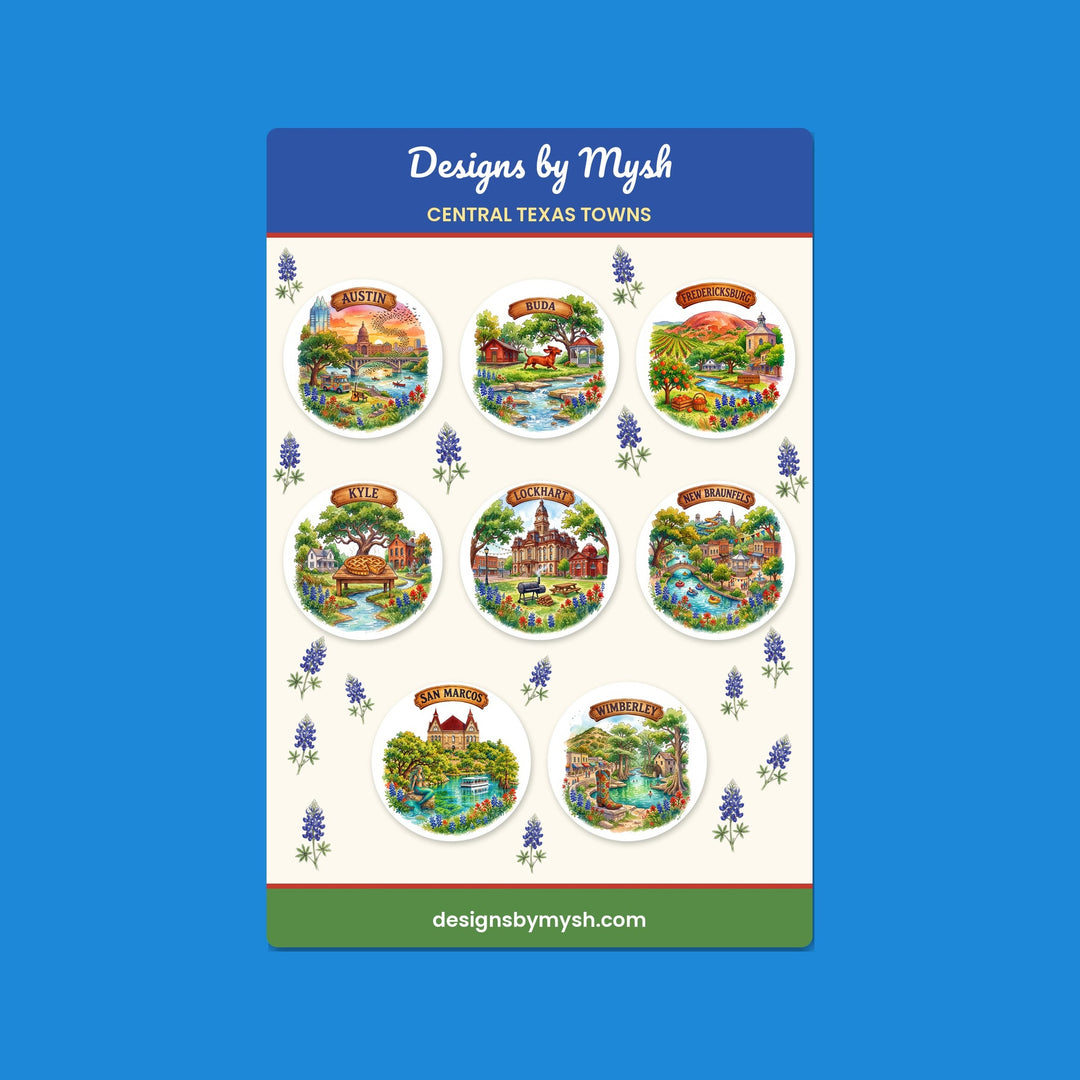 Central Texas Towns glossy 4x6 sticker sheet with eight round watercolor town stickers and bluebonnets – Designs by Mysh