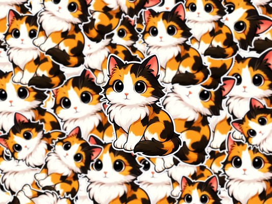 Calico Cat Sticker, Cute Fluffy Cat Decal, Kawaii Vinyl Sticker for Laptop, Gift for Cat Lovers