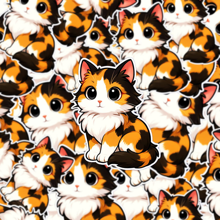 Calico Cat Sticker, Cute Fluffy Cat Decal, Kawaii Vinyl Sticker for Laptop, Gift for Cat Lovers - Designs by Mysh