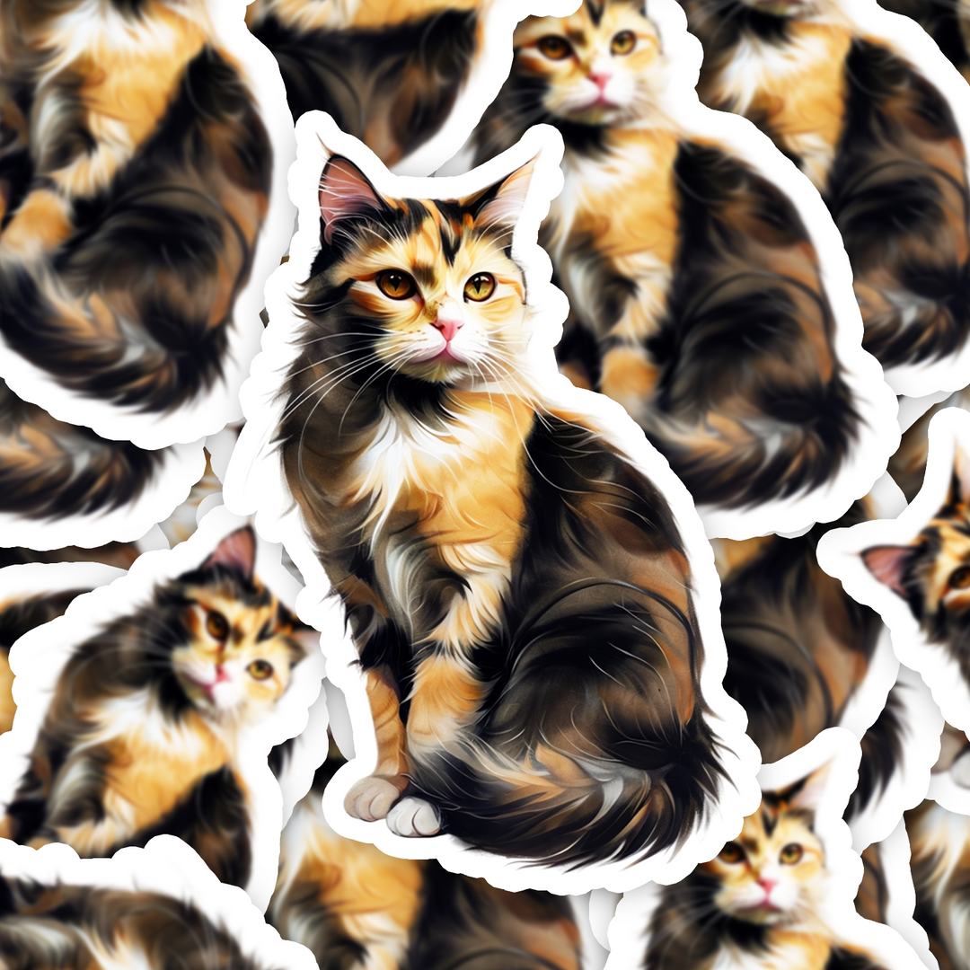 Calico Cat Sticker, Tricolor Cat Vinyl Decal, Water-resistant Feline Sticker for Laptop Water Bottle Journal, Gift for Cat Lovers - Designs by Mysh