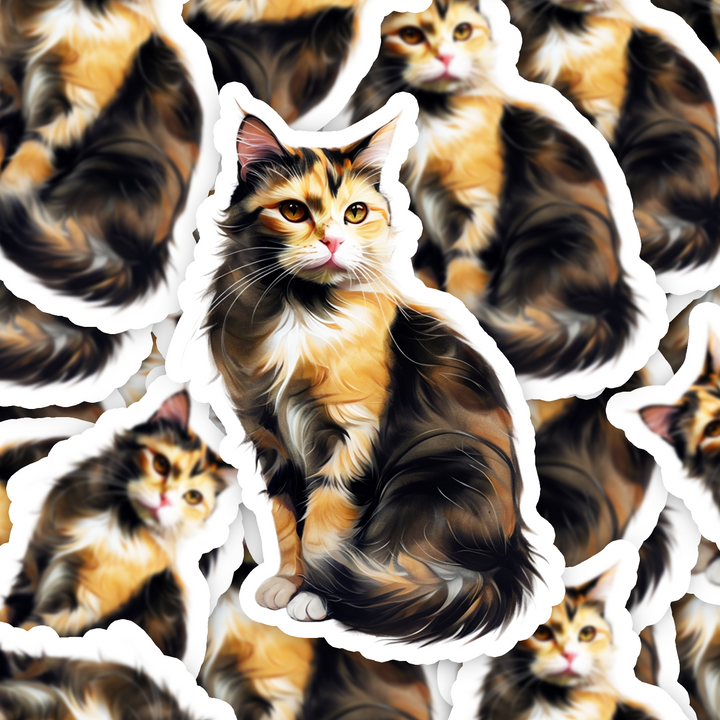 Calico Cat Sticker, Tricolor Cat Vinyl Decal, Water-resistant Feline Sticker for Laptop Water Bottle Journal, Gift for Cat Lovers - Designs by Mysh
