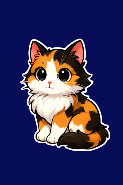Cartoon calico cat on a blue background