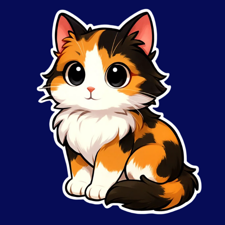Cartoon calico cat on a blue background