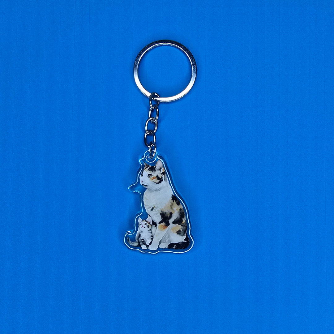 Calico Cat and Kitten Keychain, Acrylic Cat Mom Charm, Cute Pet Lover Gift, Handmade Cat Key Ring - Designs by Mysh