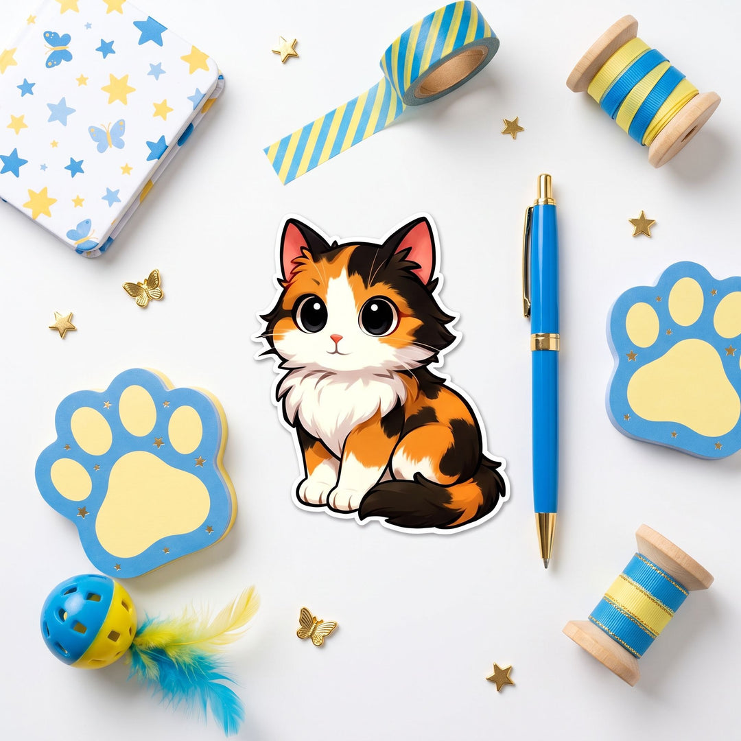 Calico Tricolor Kawaii fridge magnet flat lay with blue and yellow pet stationery – Designs by Mysh