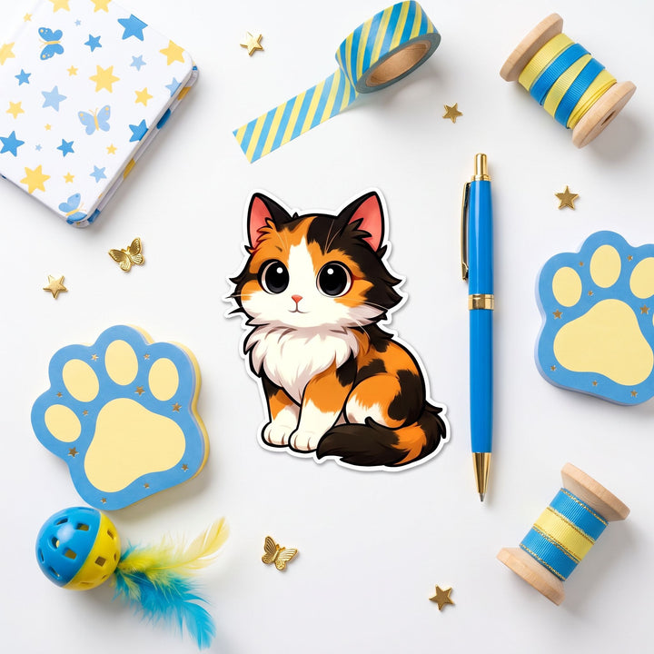 Calico Tricolor Kawaii fridge magnet flat lay with blue and yellow pet stationery – Designs by Mysh