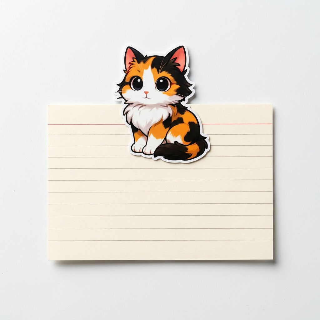 Calico Tricolor Kawaii fridge magnet holding a 4x6 index card – shows true 3 inch size – Designs by Mysh
