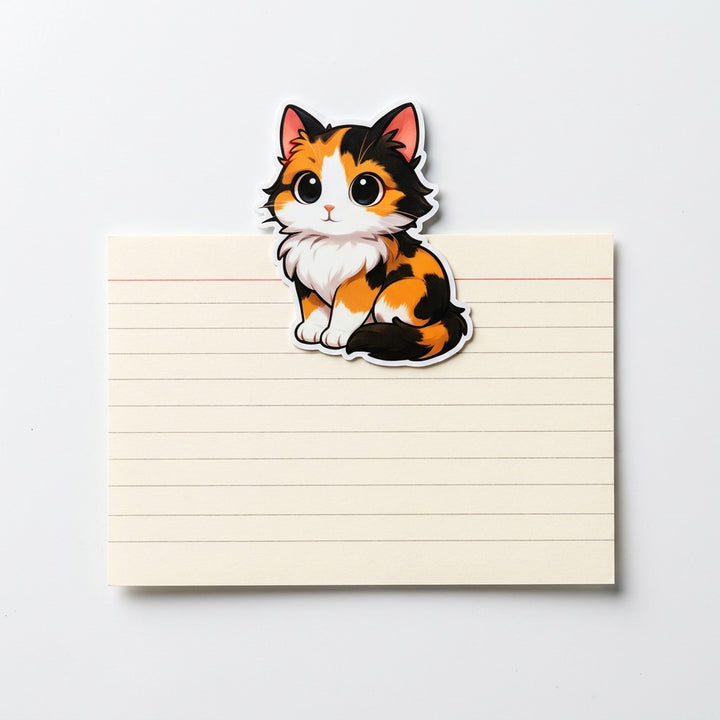Calico Tricolor Kawaii fridge magnet holding a 4x6 index card – shows true 3 inch size – Designs by Mysh