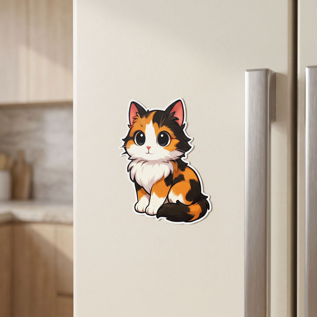 Calico Tricolor Kawaii flexible fridge magnet on a cream refrigerator door – Designs by Mysh