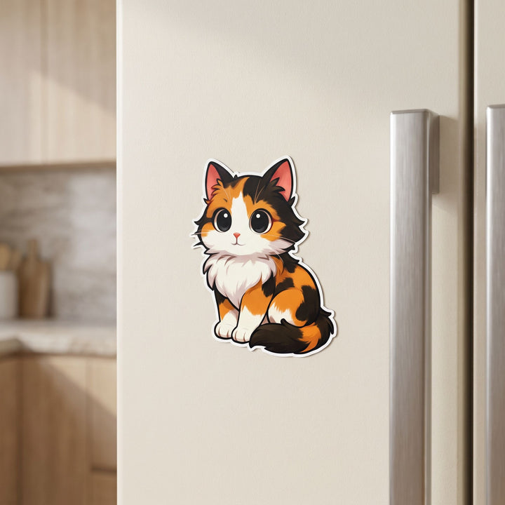 Calico Tricolor Kawaii flexible fridge magnet on a cream refrigerator door – Designs by Mysh