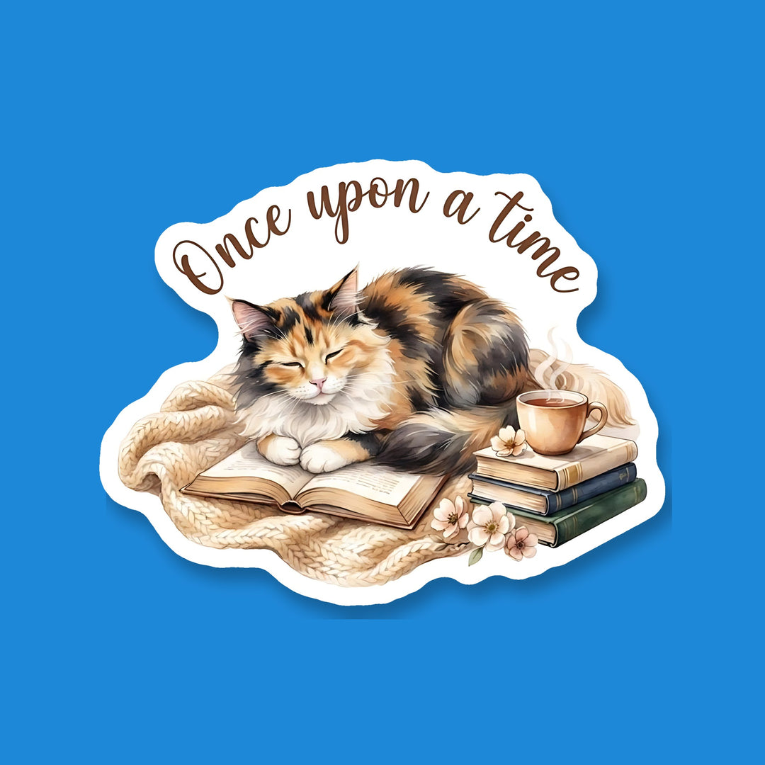Calico tricolor bookish watercolor sticker "Once upon a time"