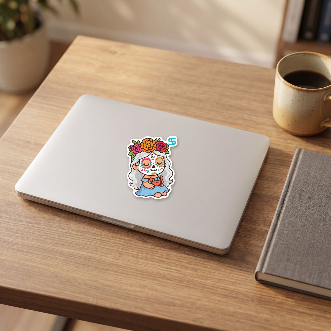 Cancer zodiac sugar skull girl vinyl sticker on a laptop lid – Designs by Mysh