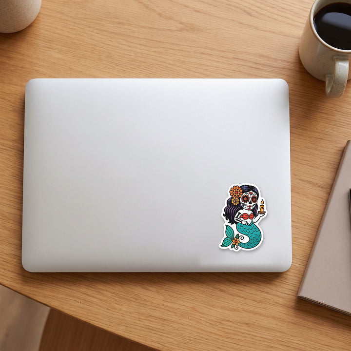 Candle sugar skull mermaid vinyl sticker on a laptop lid – Designs by Mysh