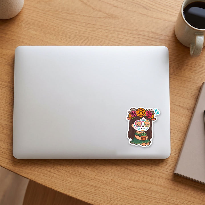 Capricorn sugar skull girl vinyl sticker on a laptop lid – Designs by Mysh
