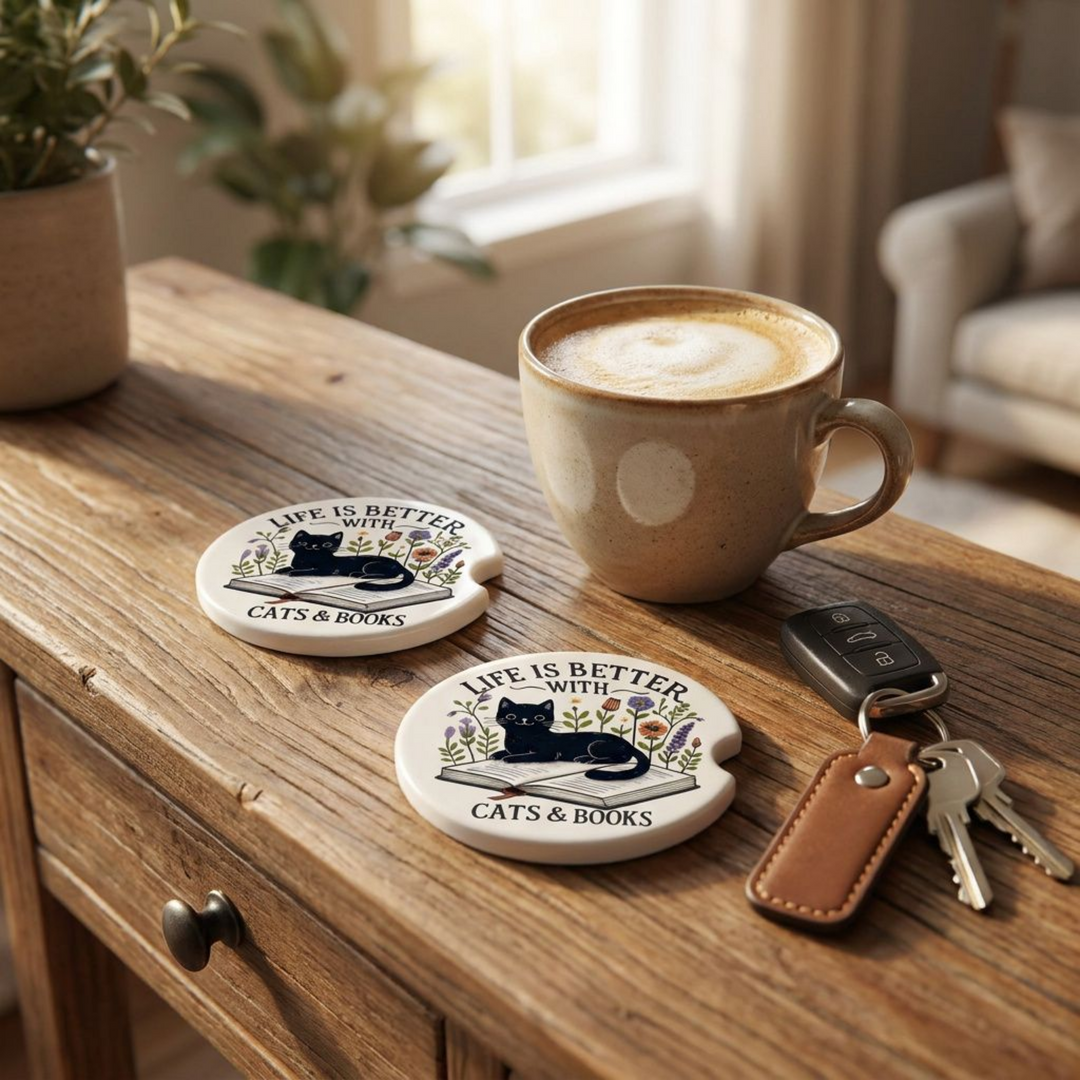 Life is Better with Cats and Books Ceramic Car Coaster Set - styled in car cup holder - Designs by Mysh