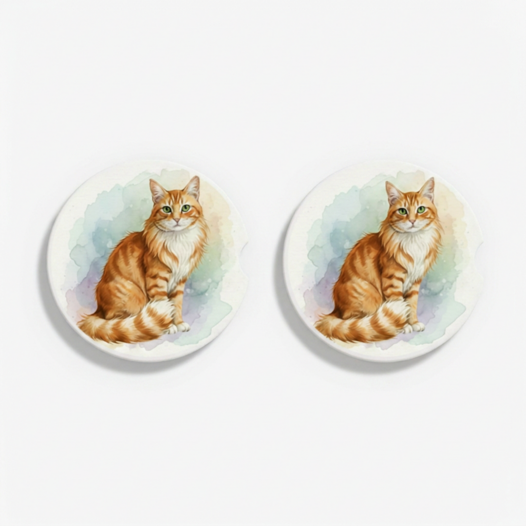 Set of two round ceramic car coasters featuring a watercolor-style illustration of an American Longhair tabby cat with an orange tabby coat.