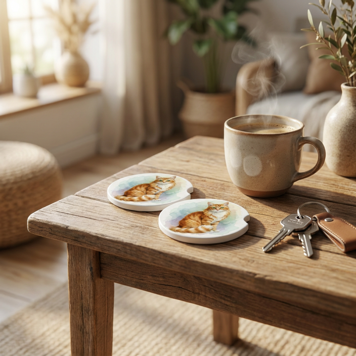 American Longhair tabby cat car coasters with an orange tabby coat styled on a wooden side table beside a steaming coffee mug and a set of keys.