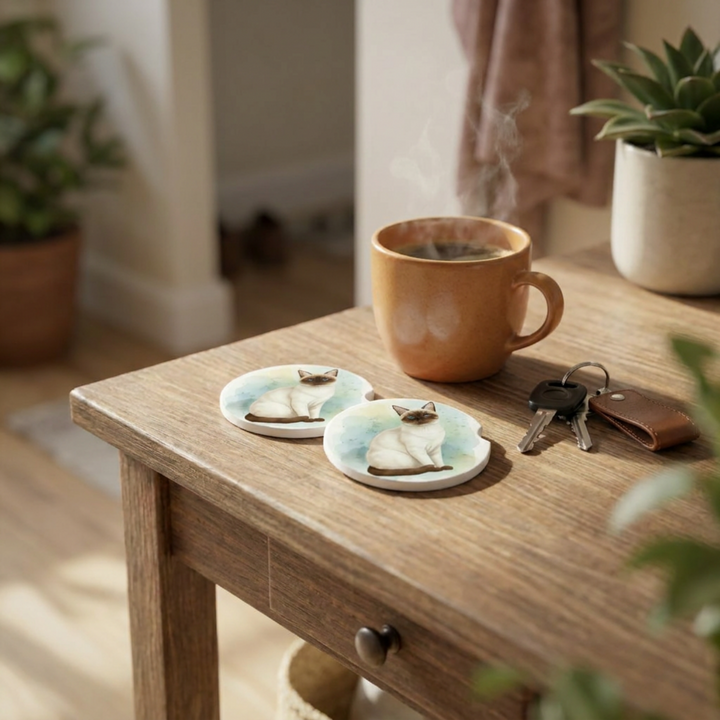 Siamese cat car coasters with a chocolate point coat styled on a wooden side table beside a steaming coffee mug and a set of keys.