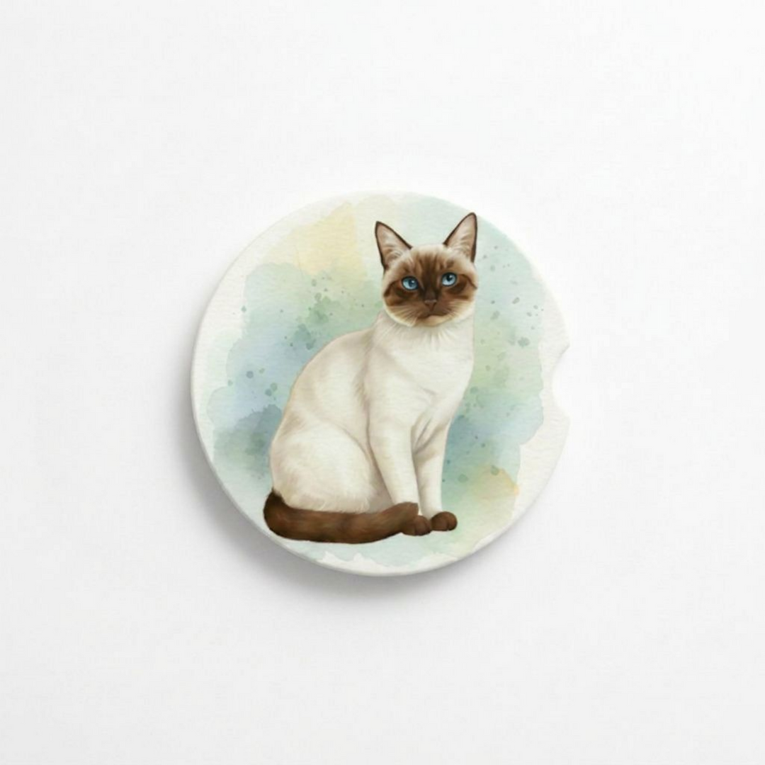 Single round ceramic car coaster featuring a watercolor-style illustration of a Siamese cat with a chocolate point coat, sold individually.