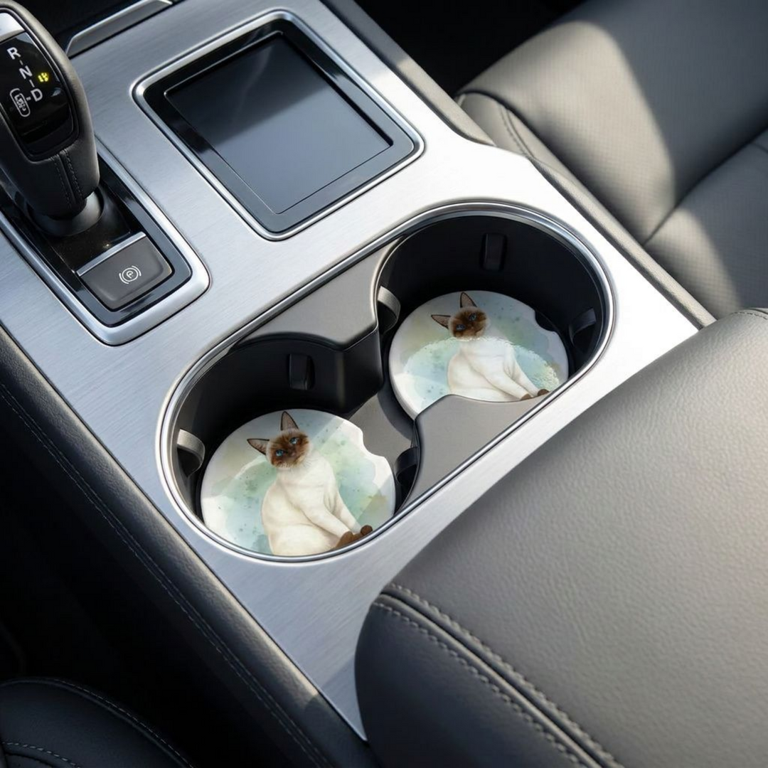 Siamese cat car coaster with a chocolate point coat placed in a vehicle&